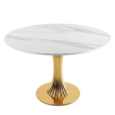 人造大理石の卓上モダンな台座ダイニング テーブル黄金のステンレス鋼フレーム