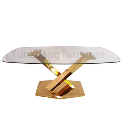 お買い得 長方形の設計ガラス上のダイニング テーブルの明確な緩和されたSS201基盤の家の家具 オンライン