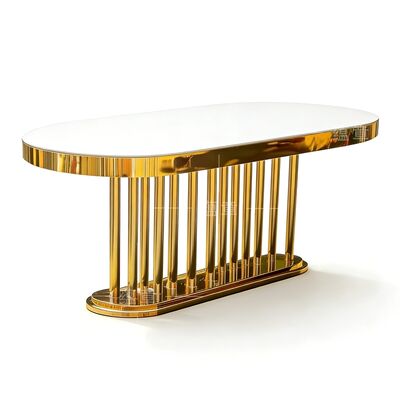 お買い得 ウェディング家具卸売 ゴールドオーバル ステンレススチールフレーム ホワイトミラーガラス天板 ロングテーブル ダイニング ホテルテーブル ウェディング用 オンライン