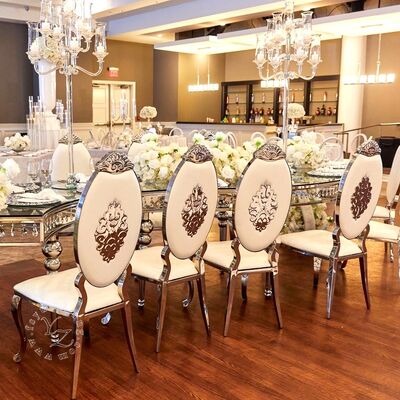 お買い得 ダイニングホール、ホテル、結婚式用のレザー付きモダンゴールドステンレススチールオーバルバックチェア、アパートメント向けのコンテンポラリースタイル オンライン